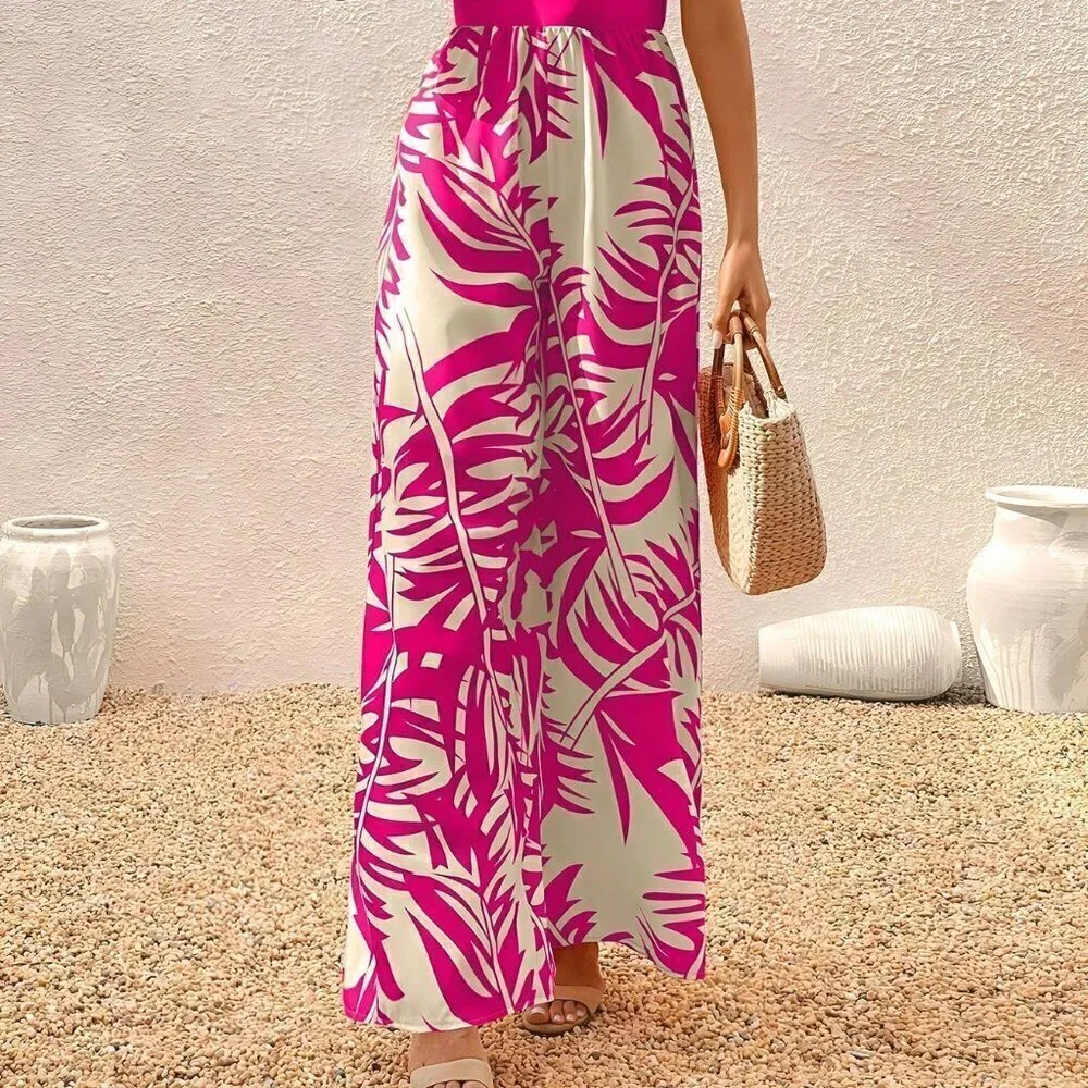 Pink Boho Womens Tropical Print Tie Backless Halter Neck Wide Leg Jumpsuit - Picture 3 of 5